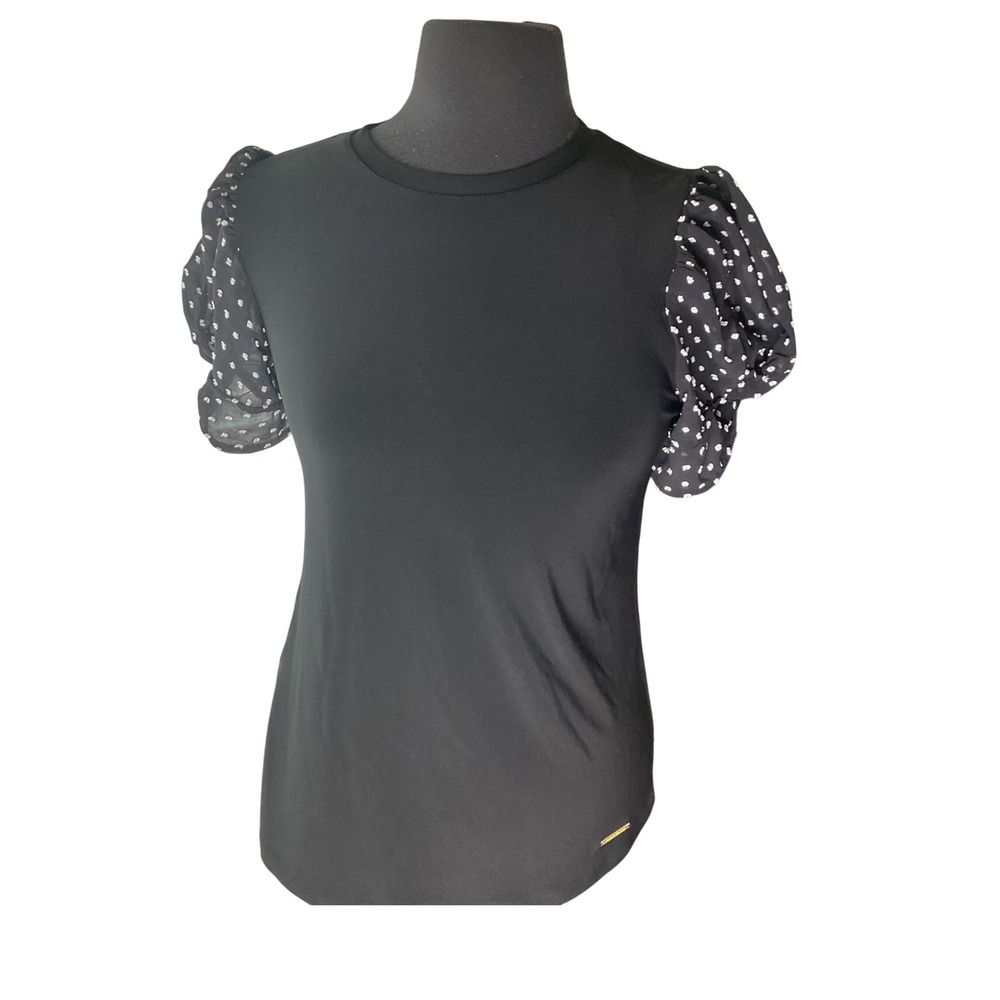 NWT Anne Klein‎ Black Puff Sleeve Top Polka Dot Blouse Womens